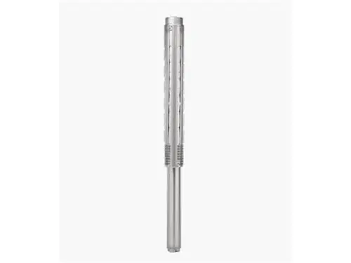 Silberne, zylindrische Pumpe von Grundfos mit rippiger Oberfläche und einem schlanken Design, geeignet für den Einsatz in Wasseranwendungen.